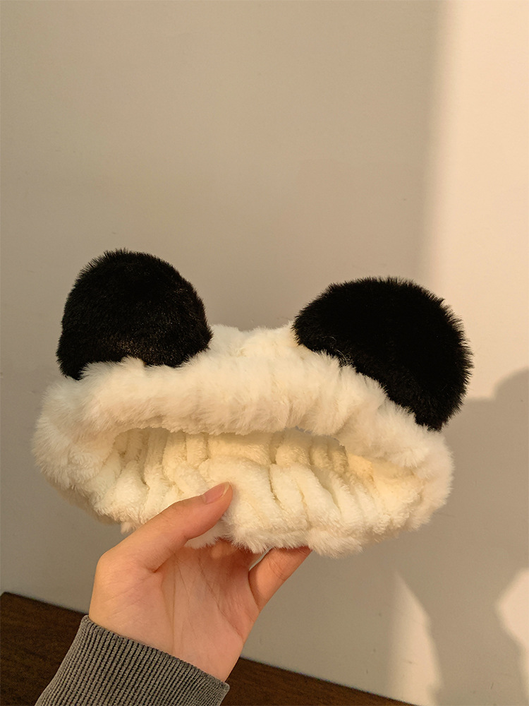 Caricatura adorable oso orejas peludos cabello banda peluda de borde ancho lavado de cara cabello clip cabello banda de cabello otoño invierno