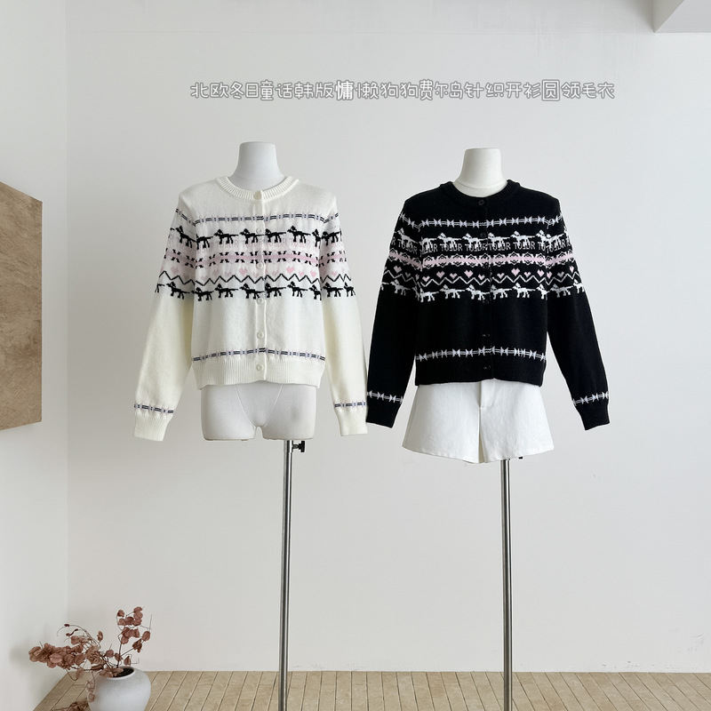 "Xinxing" Nordic Winter Fairy Tale Korean Style Lazy Dog Fair Isle Soft Knitted Cardigan Round Neck Sweater Nv "Xinxing" Nordic Winter Fairy Tale Korean Style Lazy Dog Fair Isle Soft Knitted Cardigan Round Neck Sweater Nv