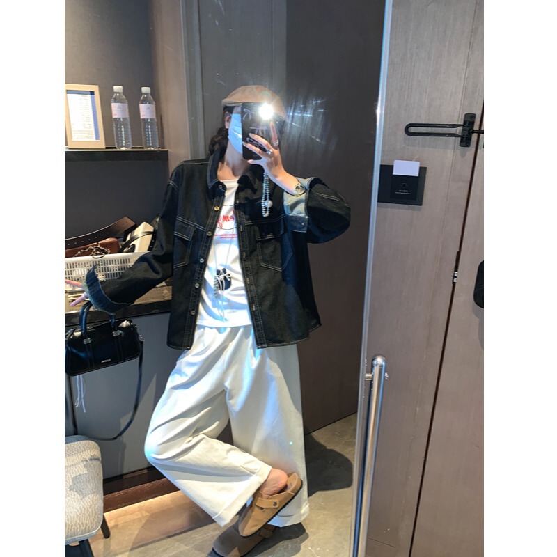 摩且 老街往事 时髦感明线袋盖口袋休闲牛仔衬衫外套叠穿 MQ0725|undefined