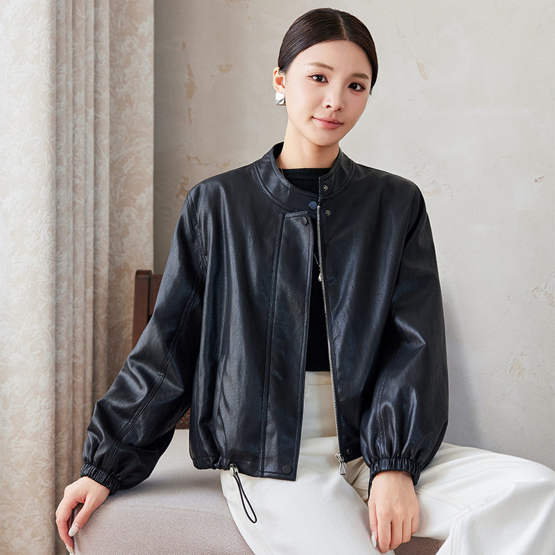 Áo khoác da nữ ngắn cổ đứng lót lông dày dặn — Cà phê đỏ với fleece dày, Màu đen Fleece dày
