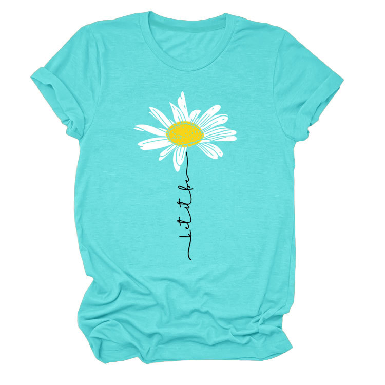 LET IT BE DAISY carta casual manga corta Amazon europeo y americano de las mujeres Top cuello redondo Camiseta suelta