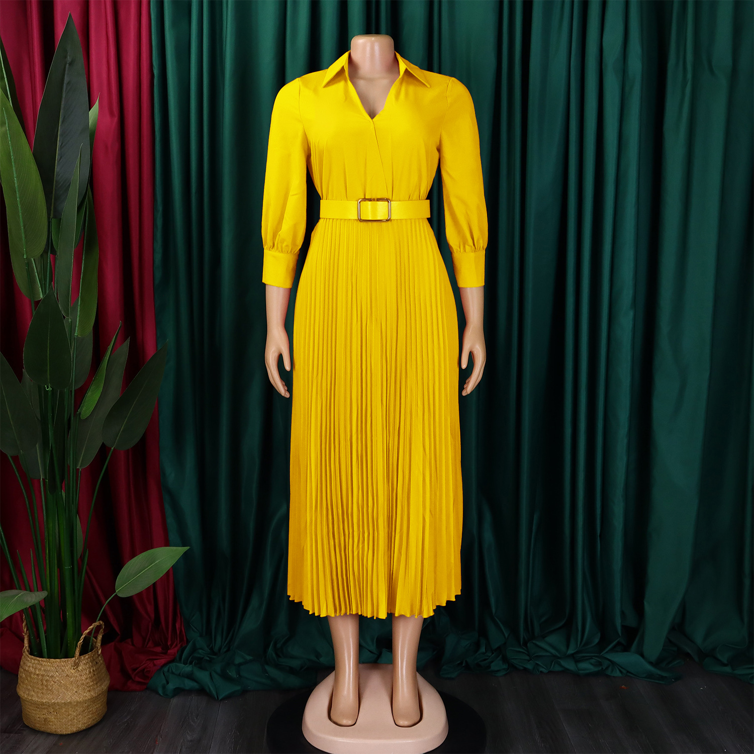 GraceChic D3327 Damenkleid Frühjahr 2025, neue Mode, V-Ausschnitt, einfarbig, langärmelig, weiter Saum, plissiert, Exportkleid_voghion.com