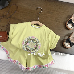女童國風刺繡T恤短褲套裝夏新款女寶寶短袖薄款兒童裝兩件套外貿