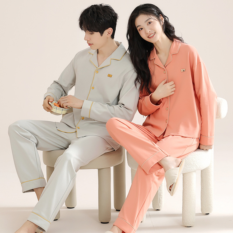 항균 통기성 순면 커플 잠옷 봄과 가을 긴 소매 바지 가디건 옷깃 플러스 사이즈 세트 남성 및 여성 홈 옷