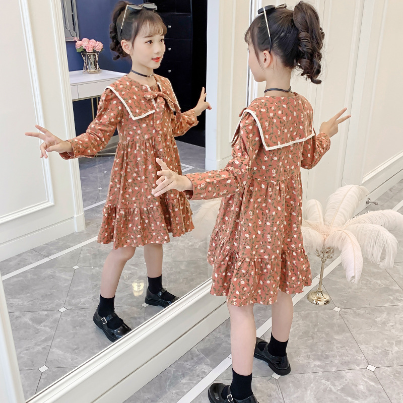 女童碎花連衣裙春秋新款2024長袖棉布裙磨毛加厚學院風洋氣春
