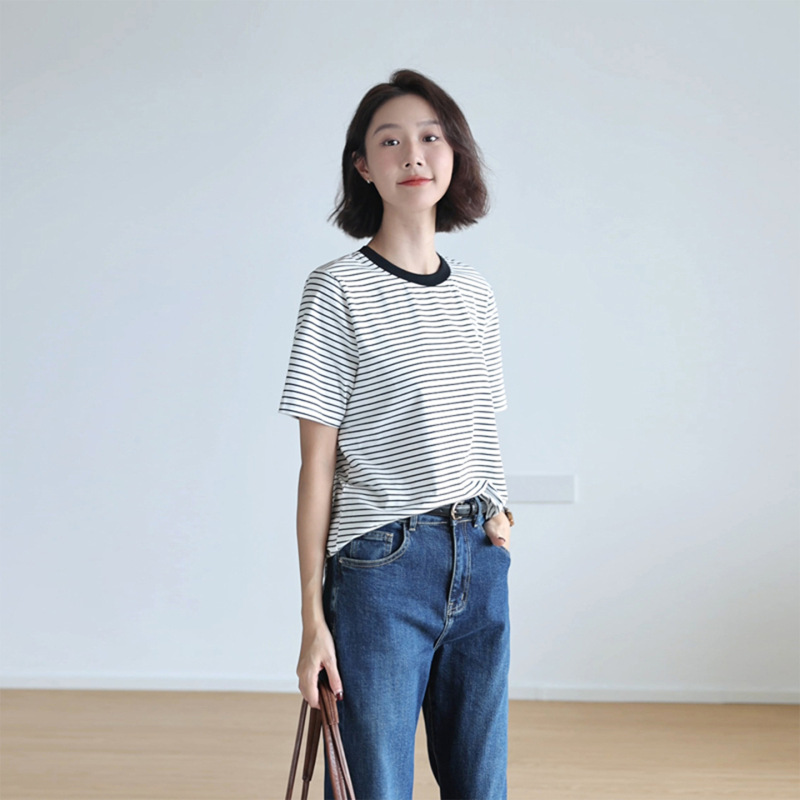 纯棉减龄条纹正肩t恤女短袖圆领经典宽松显瘦极简基础体恤衫上衣|undefined