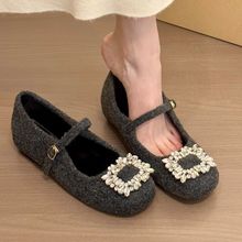 玛丽珍鞋2025新款气质水钻方扣百搭增高玛丽珍鞋女冬加绒厚底单鞋