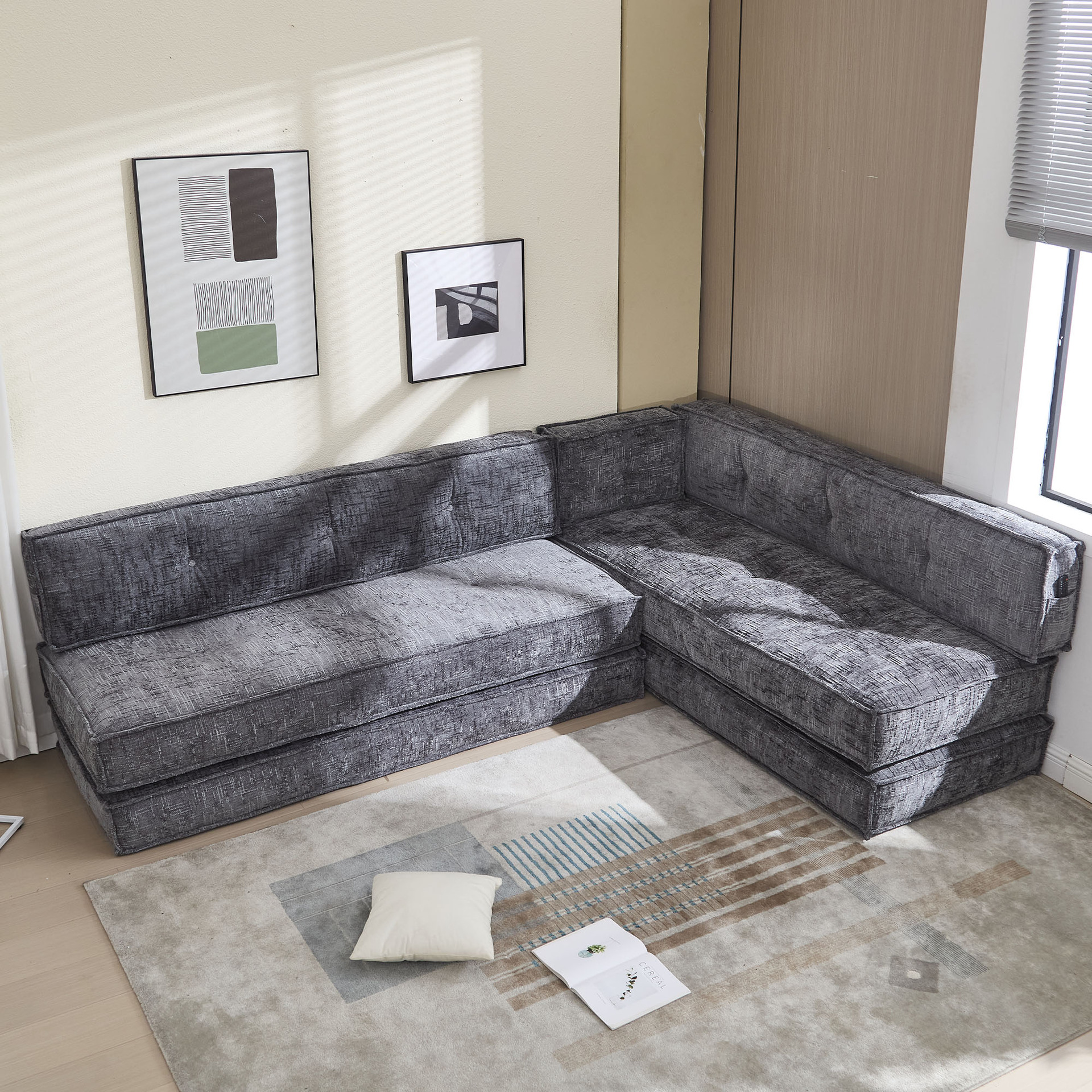 Red sofá cama plegable para sentarse y acostarse, sala de estar pequeña para el hogar doble de tres personas tela sofá módulo de estilo medieval image 3