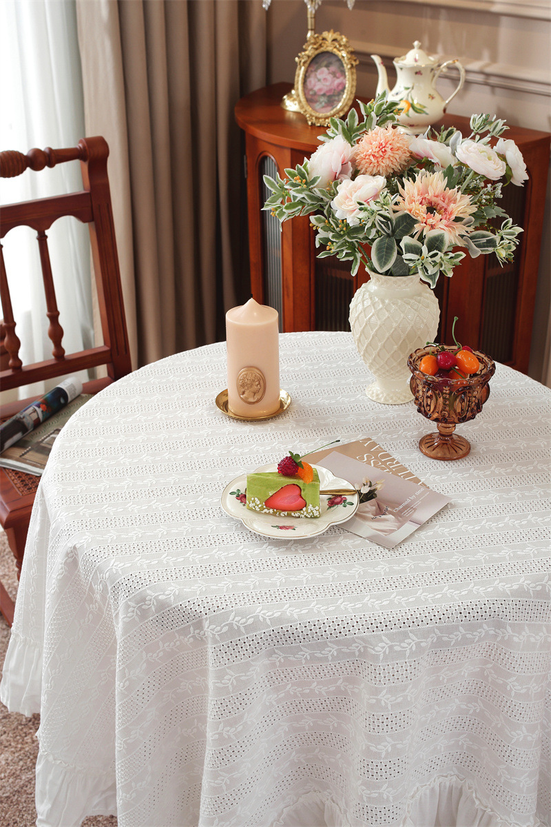 White Embroidered Floral Cotton Tea Tablecloth With Ruffle Hem_voghion.com