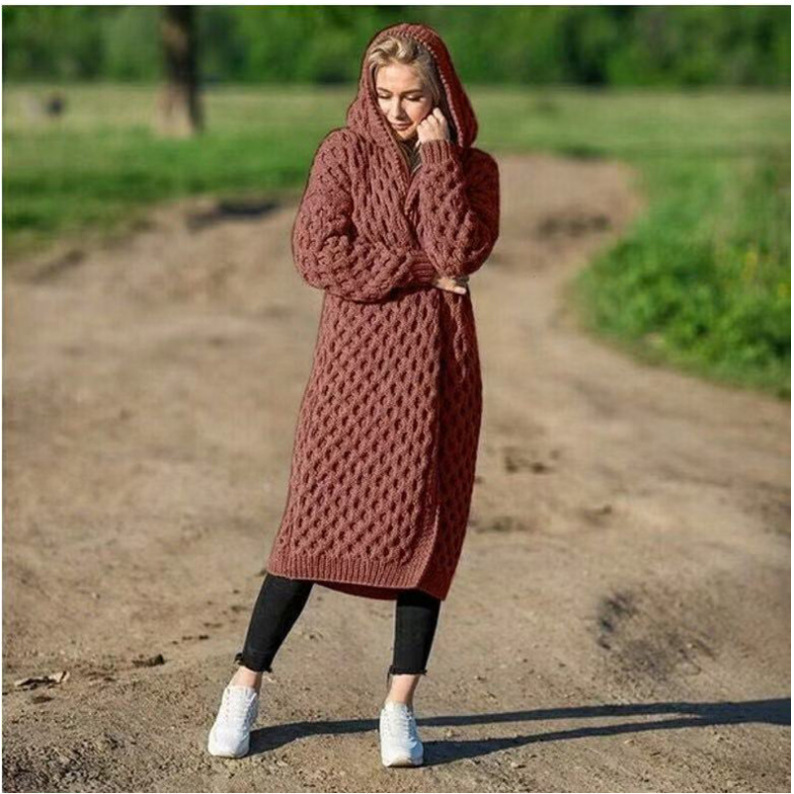 Original knit coat autumn and winter long knitted sweater warm solid color hooded cardigan coat