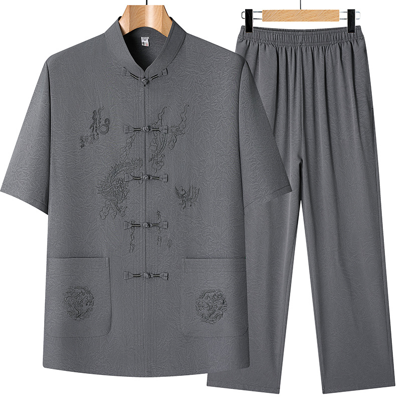 夏季唐装男短袖套装中老年人男夏装爸爸薄款冰丝衬衫衣服爷爷
