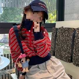 女童卫衣女大童时髦高领撞色休闲条纹卫衣秋季新款长袖短宽上衣潮