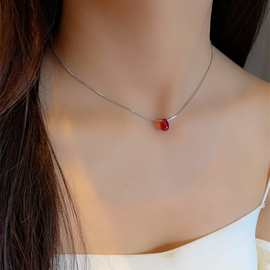 S925纯银红豆水滴项链女时尚精致蛇骨链红色简约锁骨链配饰颈链