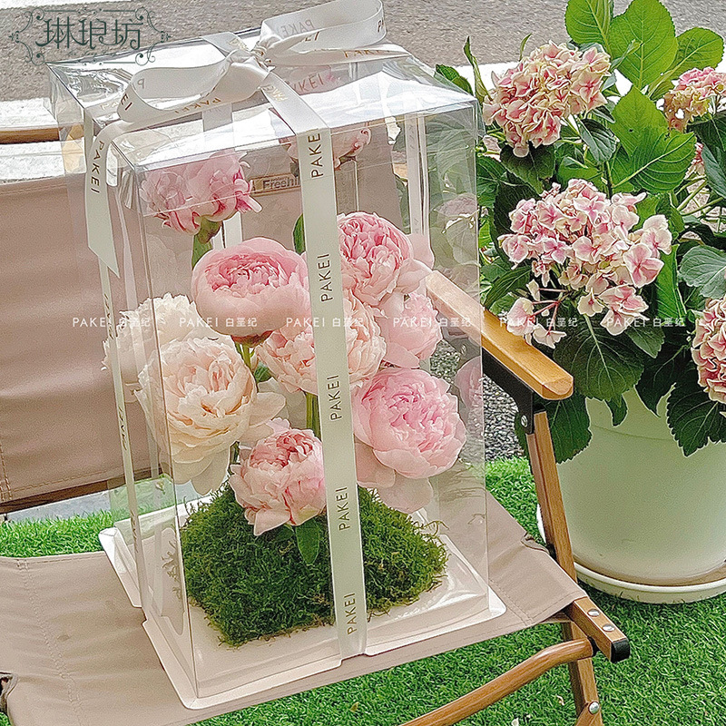 Caja de pastel de flores de 8 pulgadas ramo de pastel de frutas caja de regalo Perspectiva de PVC cubo grande abrazo diseño de cesta de flores portátil