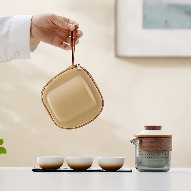 Juego de Té de Viaje 1 Tetera 3 Tazas en Cerámica Portátil para Camping