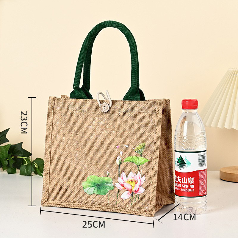 Bolsas de lino en stock, bolsas de compras de yute con botón, bolsas de lino con bordado de loto recubierto, personalizables.