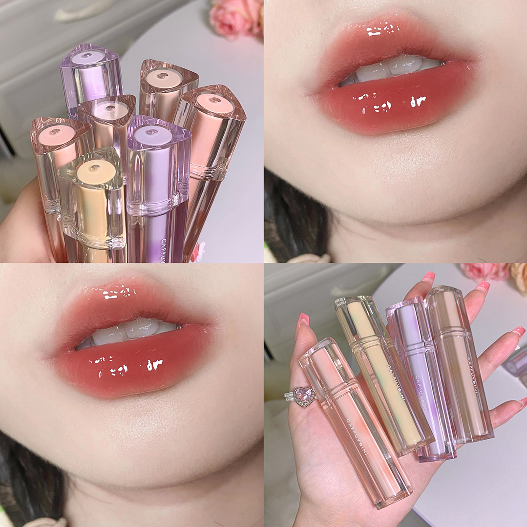Cappuvini helado té espejo labio esmalte brillante labio brillante cristal jalea labio transparente tubo tarjeta burbuja Weini brillo de labios