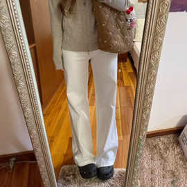 美式高腰水洗简约白色直筒牛仔裤女韩版冬季新款小众直筒拖地裤