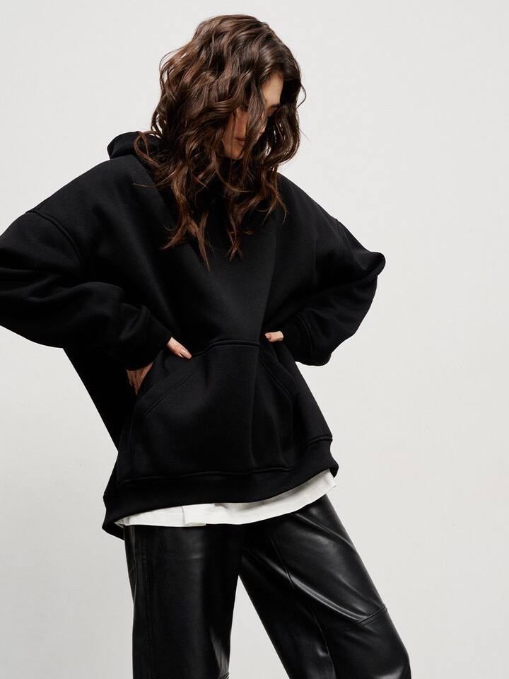 Áo hoodie nỉ lông dáng rộng có mũ và túi, tay dài, dáng unisex — Màu cà phê, Màu hồng, Màu xám, Màu đen chi tiết 60