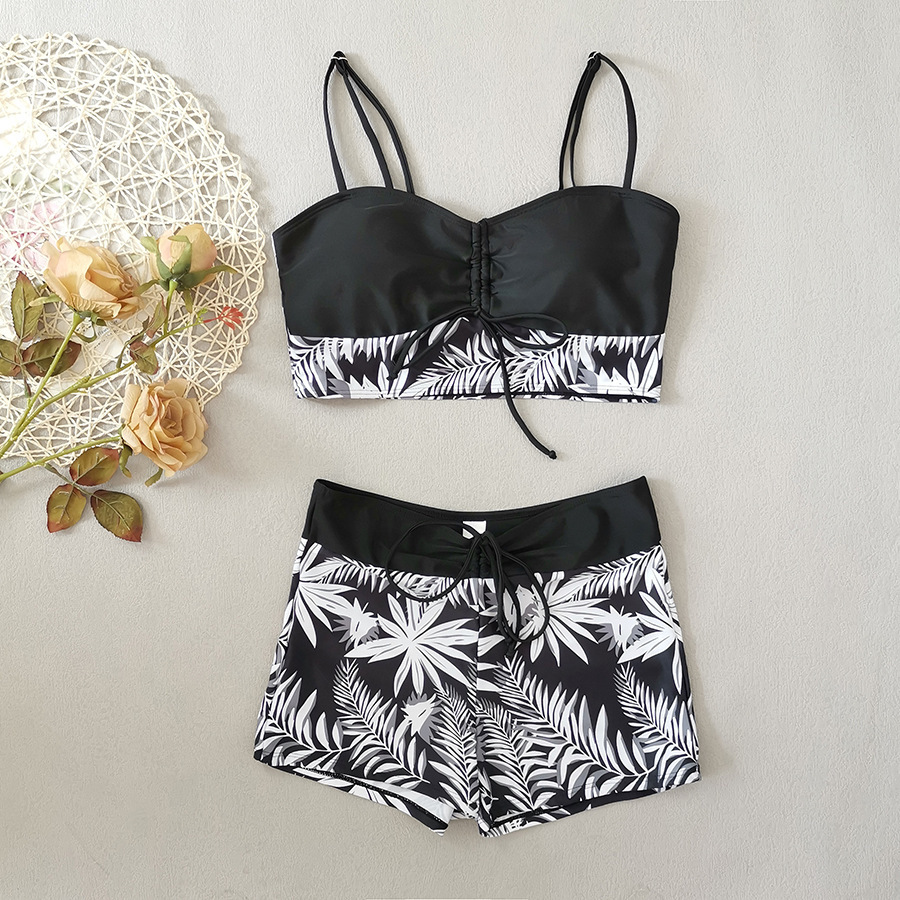 High Waist Lace up Print Swimsuit for Women Split Boxer Style Solid Color Splicing Design European American Foreign Trade 2024 Large Size_ecoleips.com