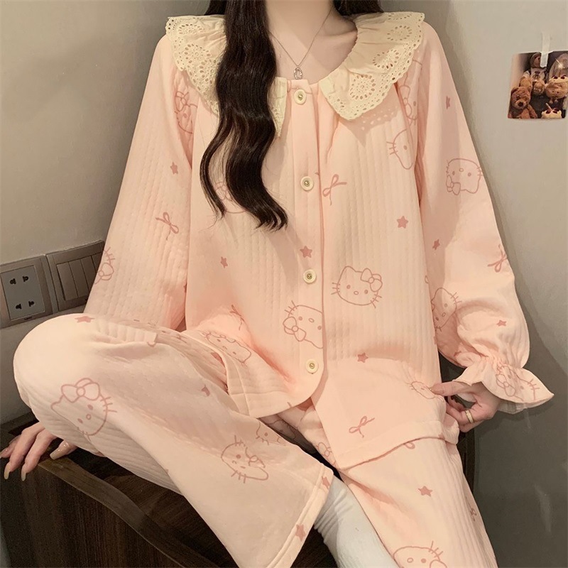 Air Cotton Sandwich Pajamas for Women in Autumn and Winter Sweet Princess Style Long-Sleeved Suit Thickeneded Warm Home Clothes Can Be Worn Outside