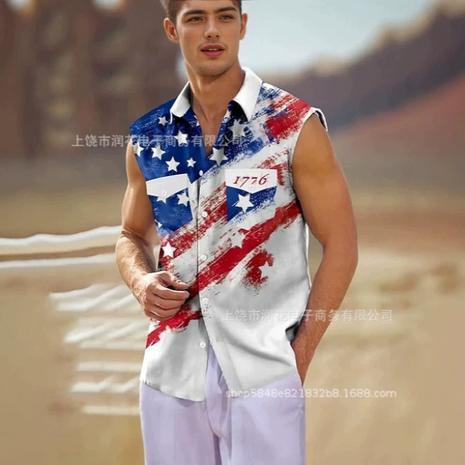 2026 Cross-Border Hot-Selling Men's American Flag Sleeveless Shirt with 3D Digital Print, Western Style Casual Cardigan
