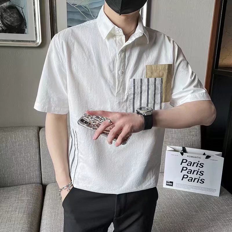 2024 costura a rayas personalidad estilo británico camisa POLO de manga corta camiseta de hombre otoño camiseta de hombre americano joven