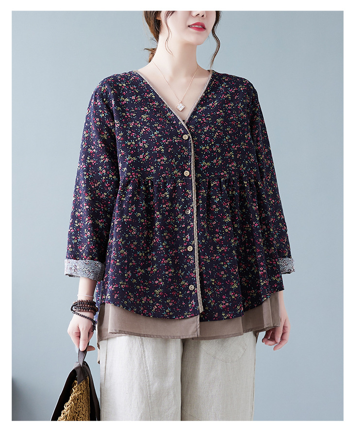 350g Weight Long Sleeve Sleeve Length Single Breasted Placket Type Regular Sleeve Sleeve Type Printing, Cotton and Linen, Hemp Fabric Type Ordinary Model (50cm <Length ≤ 65cm) Top Length Fake two-piece set, Shirt Tops Type V Neck Neckline Loose Fit Type Floral Pattern Temperament Commuter, Commute style Style Printing Craft Autumn 2025 Women's Floral V-neck Open Cardigan Fake Two-Piece Loose Cotton Linen Plus Size Shirt Elegant Commute Style 7
