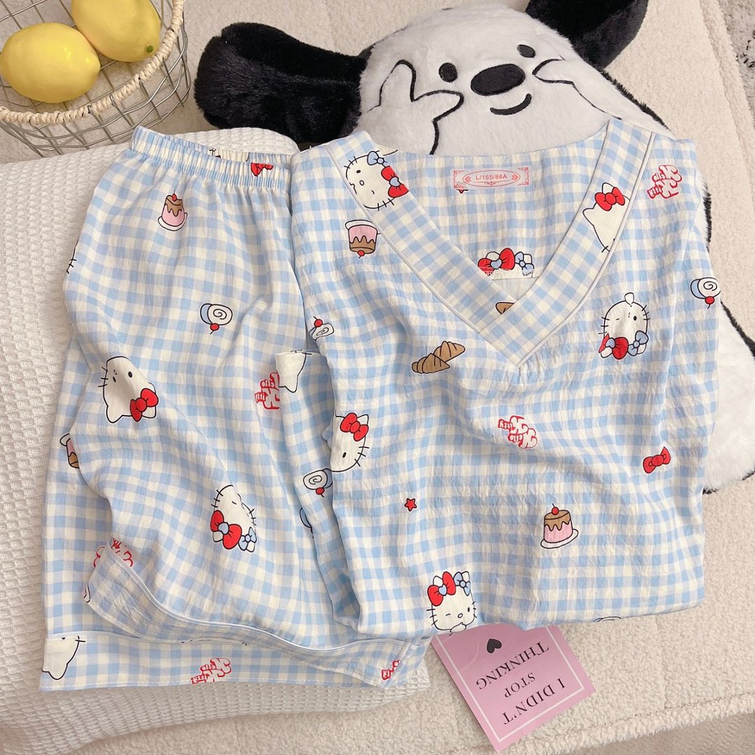 Al por mayor transfronterizo nuevo pijama dulce de verano nubes de algodón impresión de dibujos animados de cuello V hoodie set de ropa para el hogar