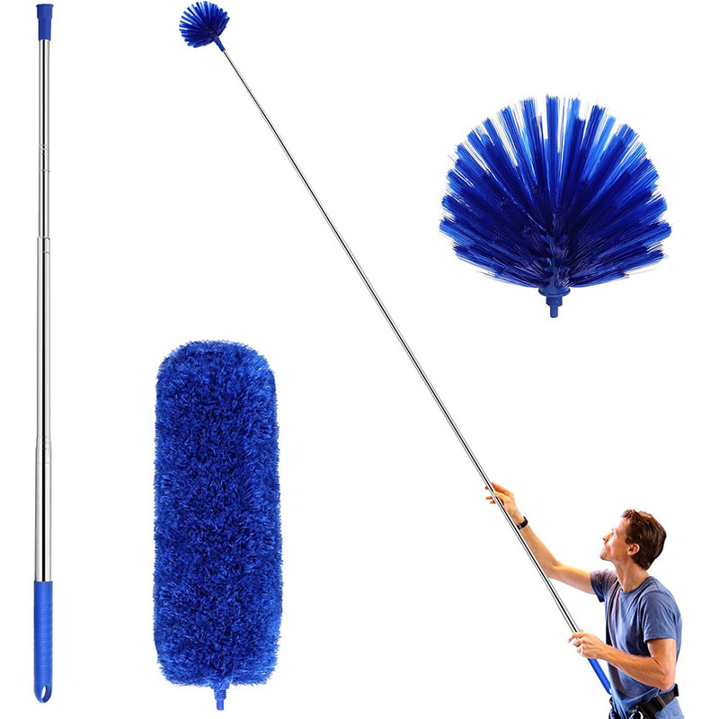 Blue retractable dust duster with detachable head, household ceiling crevice dusting brush set, includes two brush heads