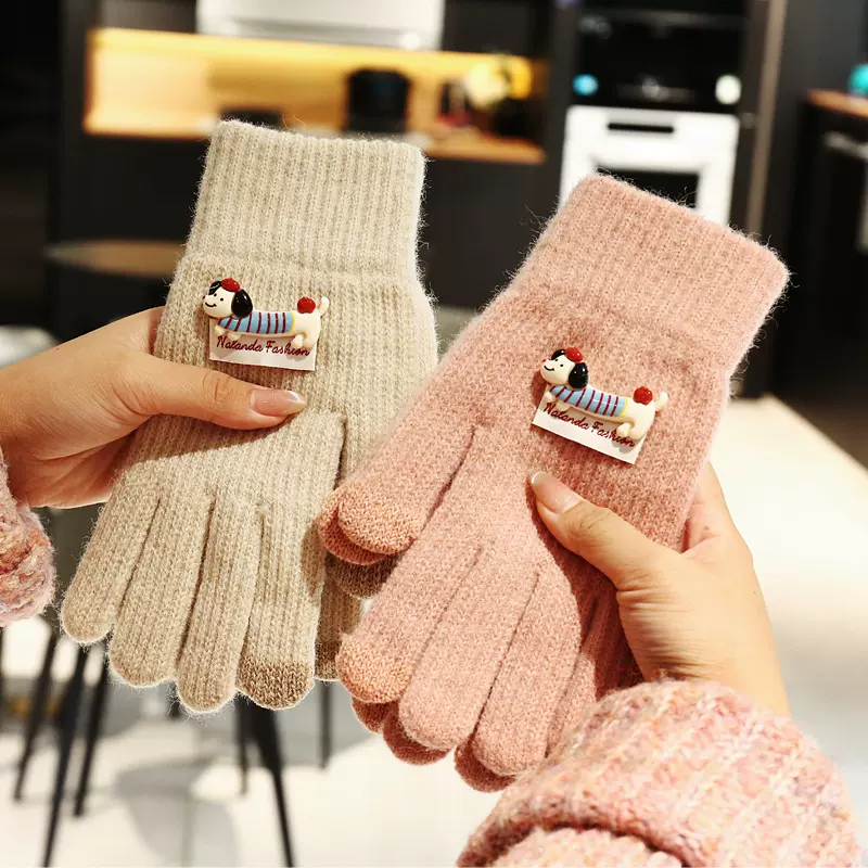 2025腊肠狗针织五指手套ins韩版分指手套男女冬季保暖可爱可触屏
