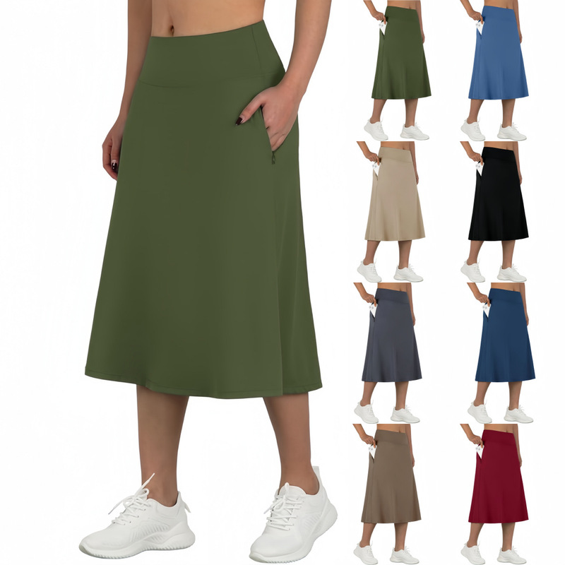 Cross-Border European and American Amazon Casual Solid Color Women's Mid-Length Skirt with Pockets, Knee-Length Sports Skirt