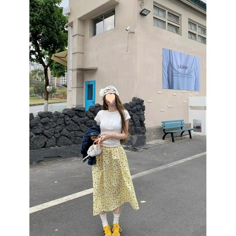 Летняя желтая новая юбка с принтом в клетку и бабочками, эластичная, с высокой талией, утягивающая, универсальная, длинная пышная юбка 2025