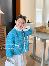 韓國童裝2022冬季女童洋氣小香風羊羔毛外套小女孩風輕奢圓領上衣