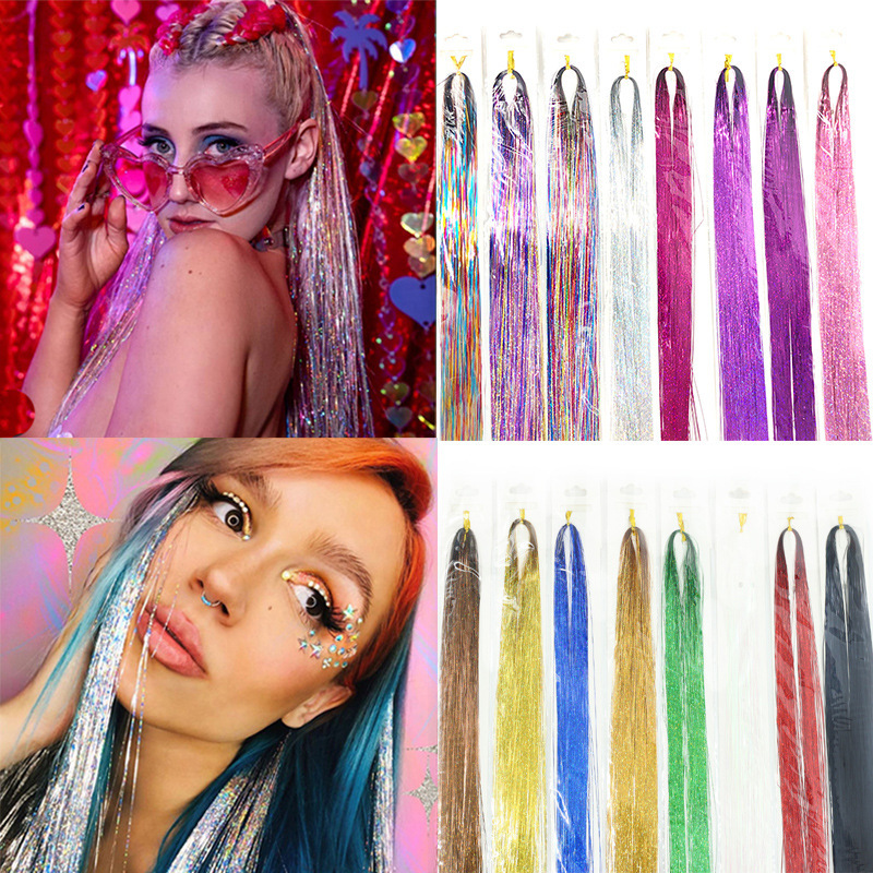 European and American hair tinsel hair colorful 94cm laser gold hair piece glitter 18 colors