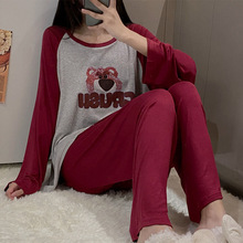 韩版东大门睡衣女长袖长裤条纹带胸垫可爱少女休闲圆领家居服套装