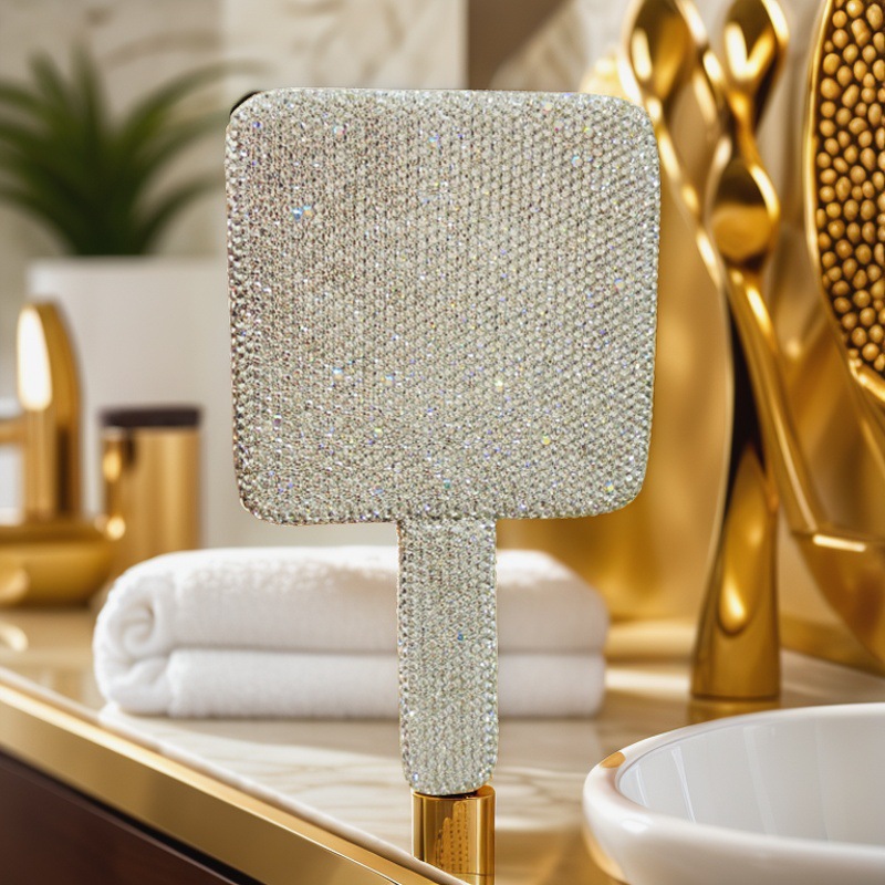 El fabricante suministra espejo de mano de diamante ABS, espejo de mango de arcilla de belleza de alta gama a la moda, suministros de Amazon, espejo cosmético