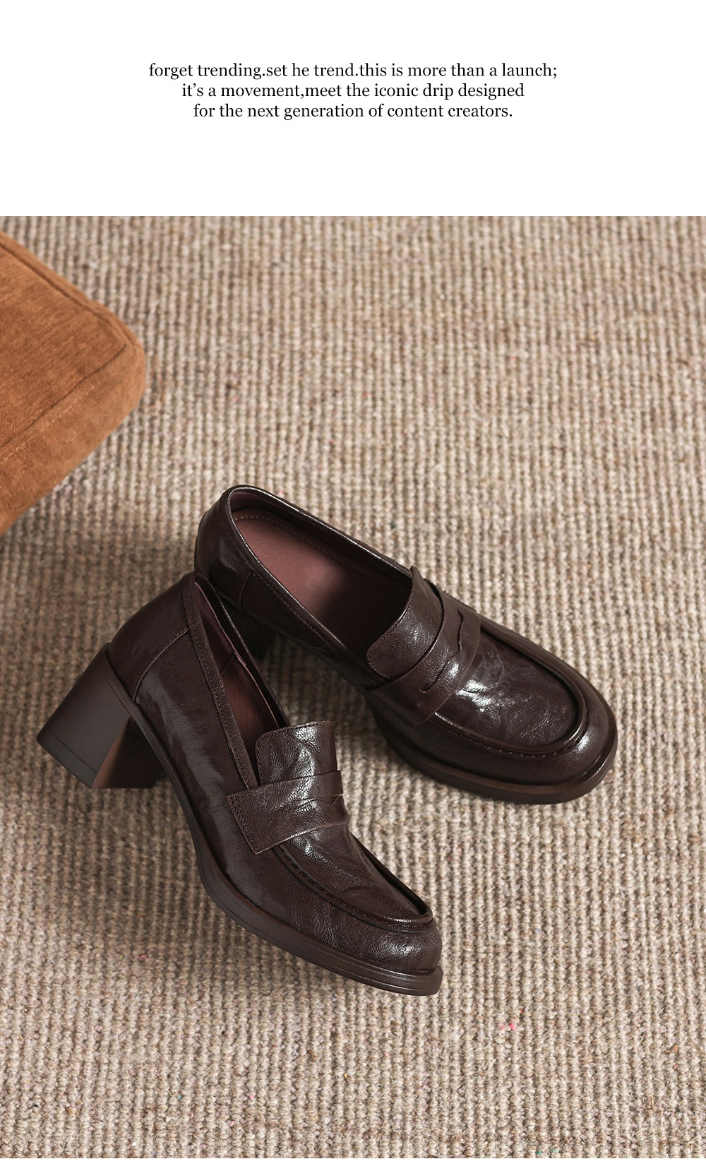 Giày cao gót nữ mũi tròn da dê gót vuông ổn định kiểu loafer — màu nâu chi tiết 17