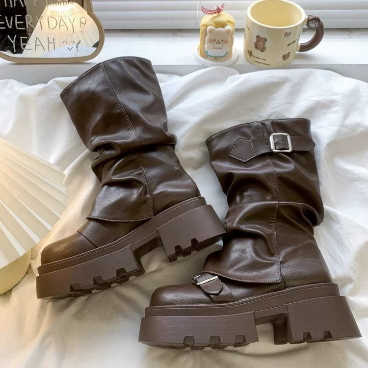 Ботинки Martens демисезонные средней длины ретро, коричневые/чёрные, размеры 35–40, пряжка