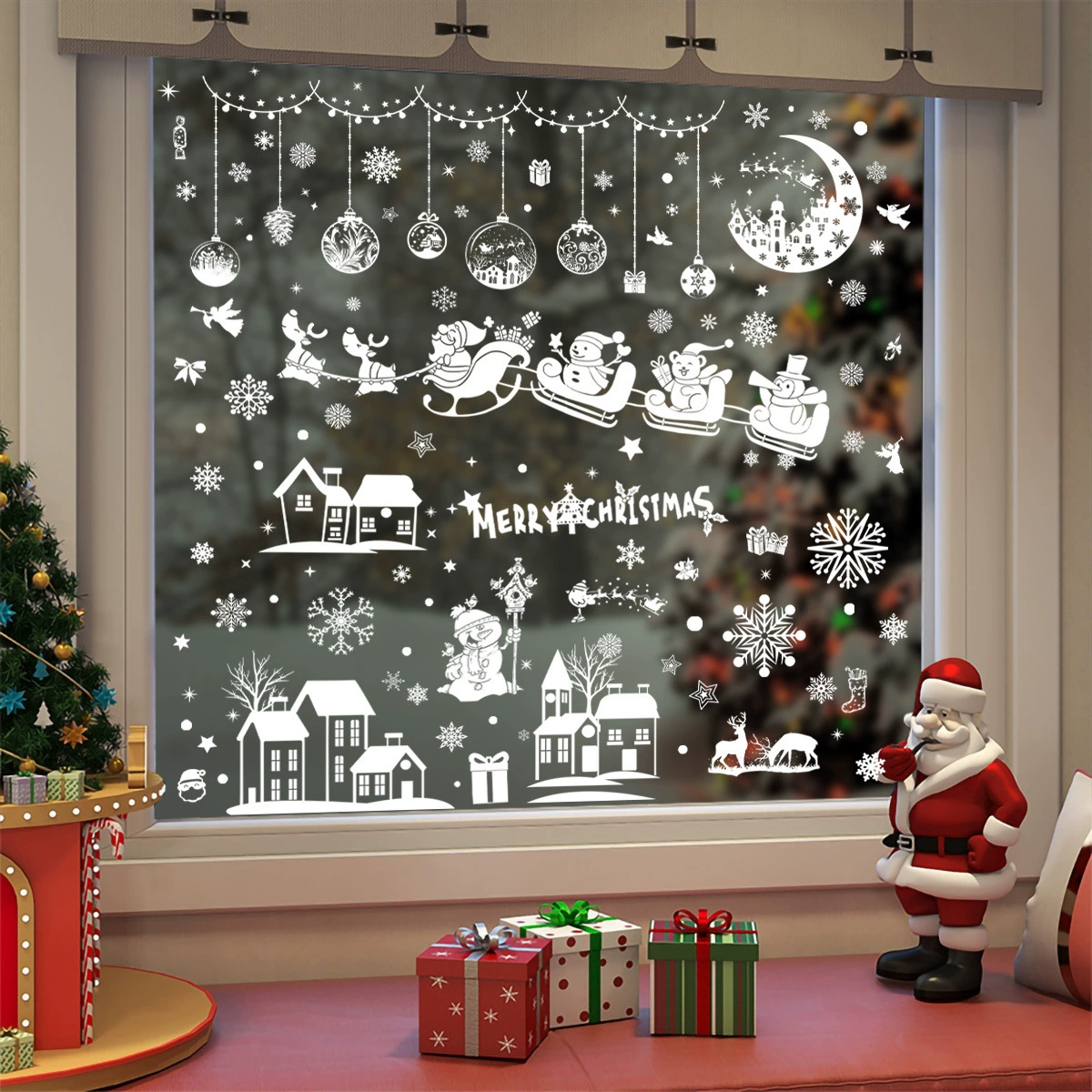 Новогодний декор для окон: наклейки-шары с Санта-Клаусом, оленями, снеговиками, луной и иглу для трансграничной торговли