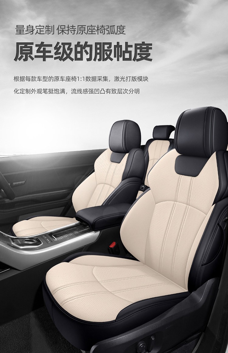 Custom-fit car seat covers, suitable for all seasons, with a full wrap-around design, 360-degree coverage, perforated leather for breathability, and designed specifically for your car model