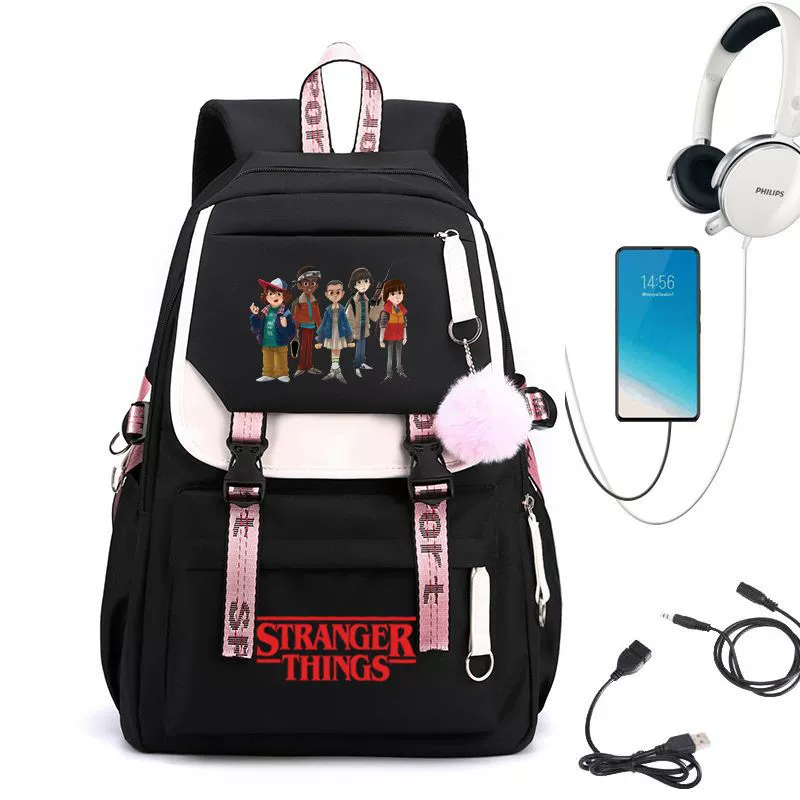 Рюкзак школьный (Stranger Things) с принтом Hellfire Club, USB‑порт, мягкая спинка, чёрно‑розовый