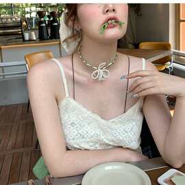 浅绿色珍珠编织花朵项链颈链女锁骨链