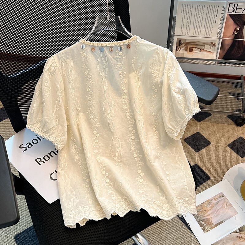 French Retro Style Round Neck Shell Fringe Design Lace-Up Short-Sleeved Blouse for Women 2026 Summer Style Shirt