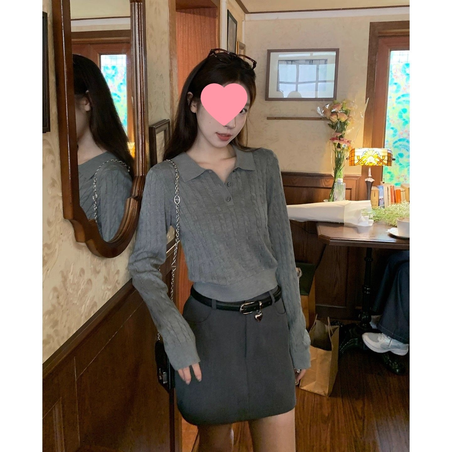 灰色polo领针织长袖t恤女春季新款翻领内搭外穿短款打底衫上衣女