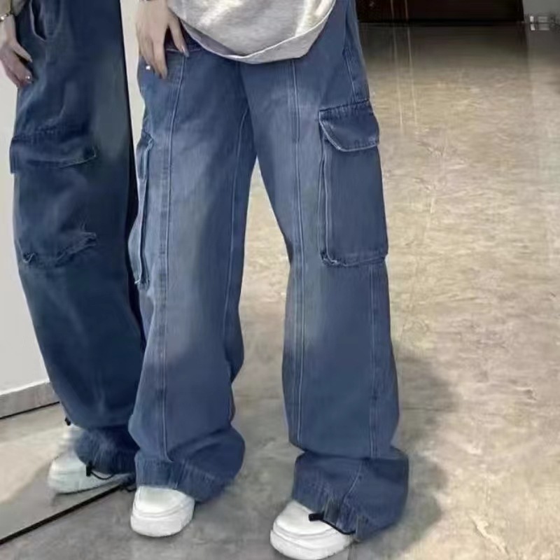 2023 AMERICAN STREET STRAIGHT OVERALLS 여성의 봄과 가을 느슨한 슬림 멀티 포켓 넓은 다리 유행 데님