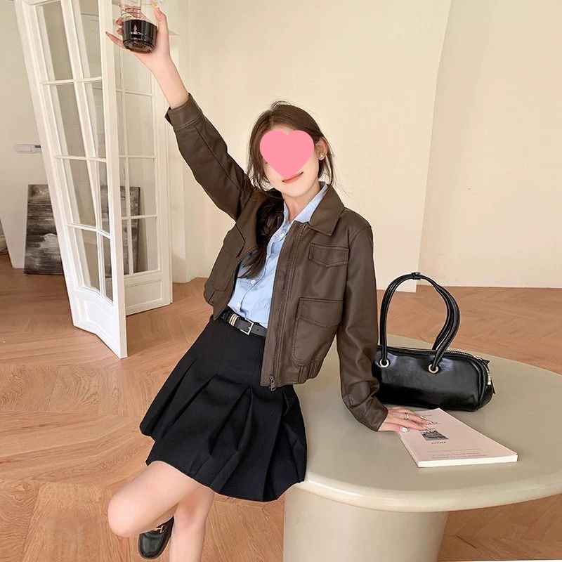 Petite Retro Slim Leather Jacket for Women, New Stylish Short Biker Jacket for Spring and Autumn