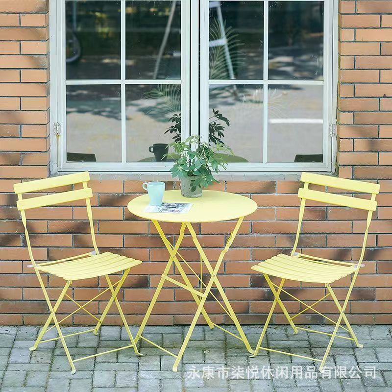 Mesa y silla plegables al aire libre balcón mesas de té ocio mesas y sillas de tres piezas patio exterior impermeable set de hierro forjado creativo