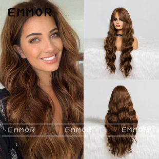 Emmor European and American Style Amazon Women's Wig, Brown Long Curly Hair with Bangs, Large Waves, High-Temperature Fiber Wig