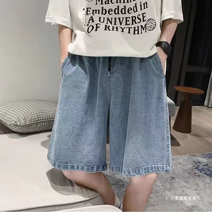 Hong Kong Style Retro Denim Shorts for Men, Elastic Waist, Summer Thin Breathable Slimming Student Large Size Loose Knee-Length Shorts Hong Kong Style Retro Denim Shorts for Men, Elastic Waist, Summer Thin Breathable Slimming Student Large Size Loose Knee-Length Shorts